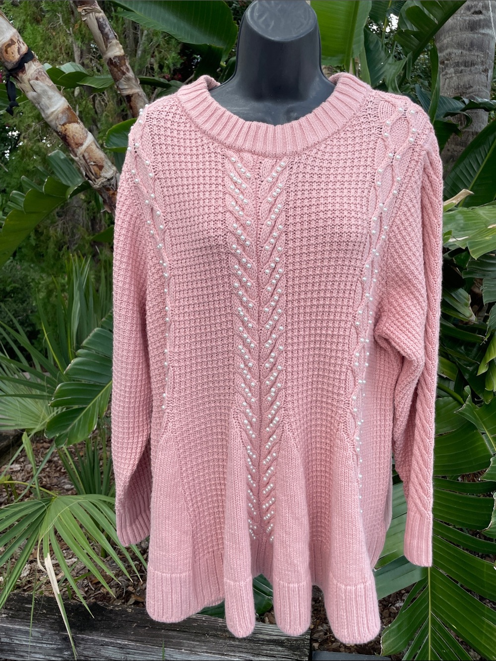 pink table knit, pearl embellished sweater with peplum
